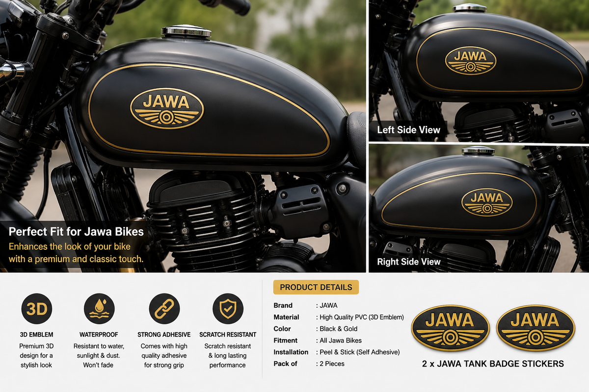 JAWA 3D Tank Emblem Sticker Set of 2 | Premium Black Gold ABS Plastic Bike Fuel Tank Logo | Compatible with Jawa Classic, Jawa 42, Perak & Forty Two