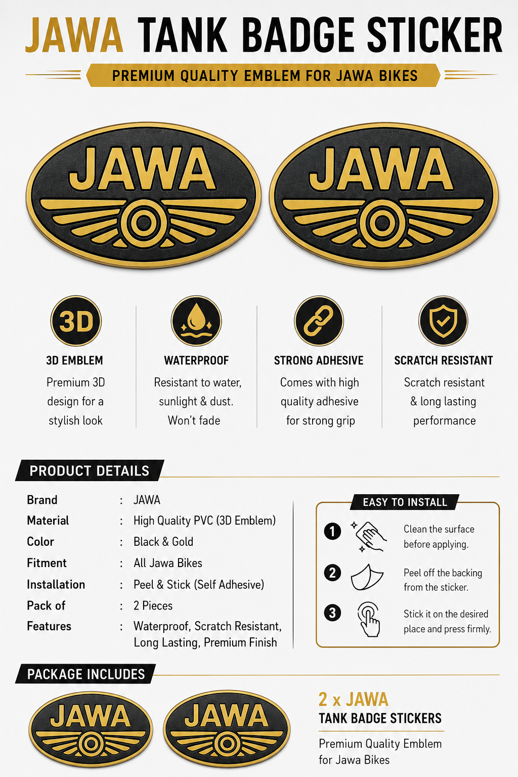 JAWA 3D Tank Emblem Sticker Set of 2 | Premium Black Gold ABS Plastic Bike Fuel Tank Logo | Compatible with Jawa Classic, Jawa 42, Perak & Forty Two