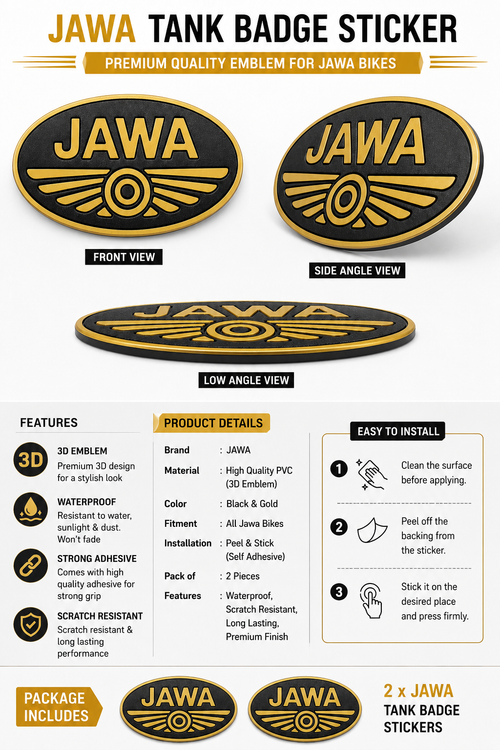 JAWA 3D Tank Emblem Sticker Set of 2 | Premium Black Gold ABS Plastic Bike Fuel Tank Logo | Compatible with Jawa Classic, Jawa 42, Perak & Forty Two