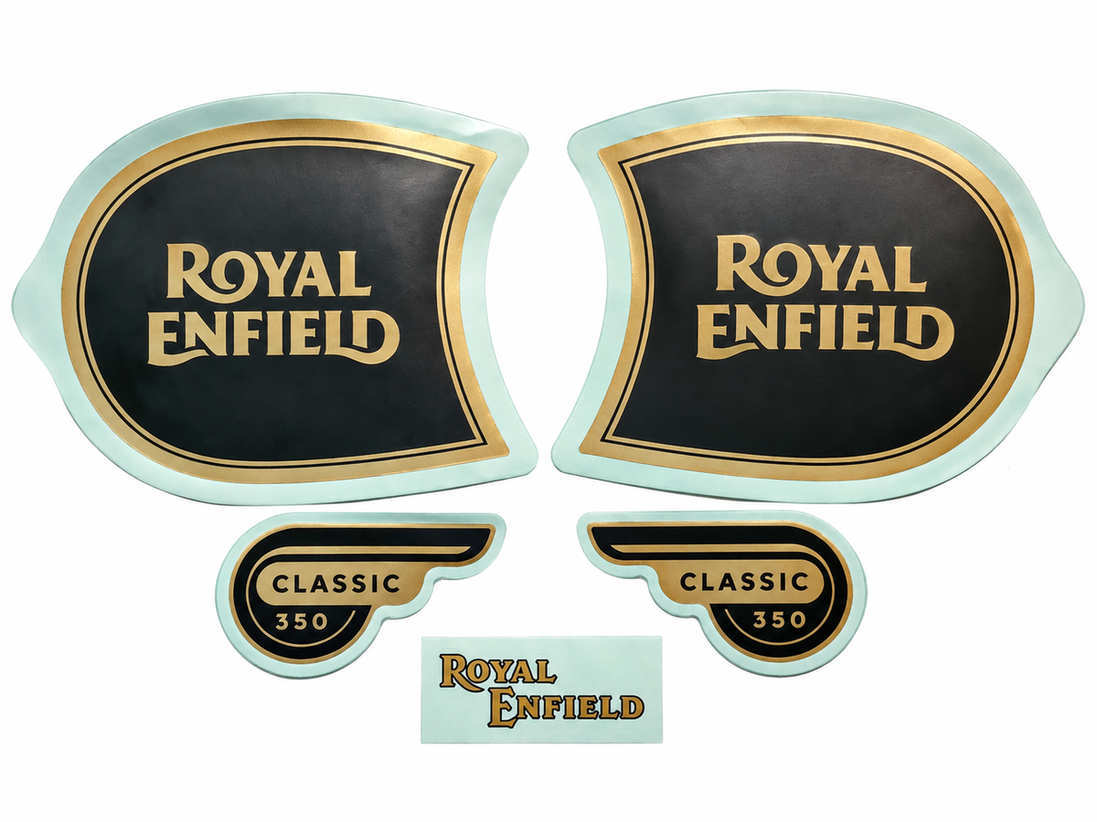Example ProductRoya Enfield Classic 350 Tank Sticker, Toolbox Sticker & Rear Mudguard Sticker Kit | Black Gold Decal Set |