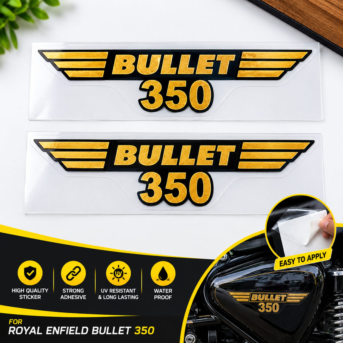 Royal Enfield Bullet 350 Tool Box Golden Emblem Sticker Pack of 2| Royal Enfield Classic Electra Standard 350 Tool Box Golden Sticker Set.