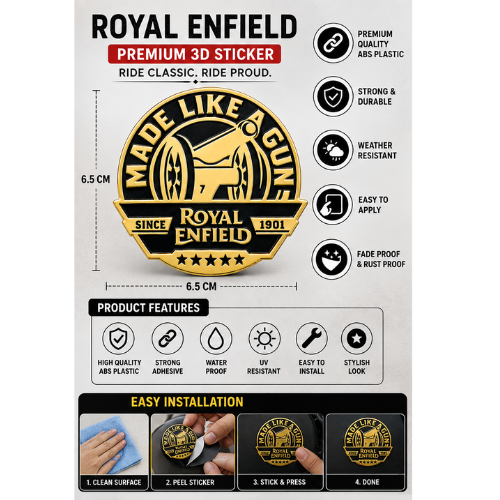 Royal Enfield Made Like A Gun Gold Black Sticker for Side Panel, Toolbox, Battery Box & Rear Mudguard