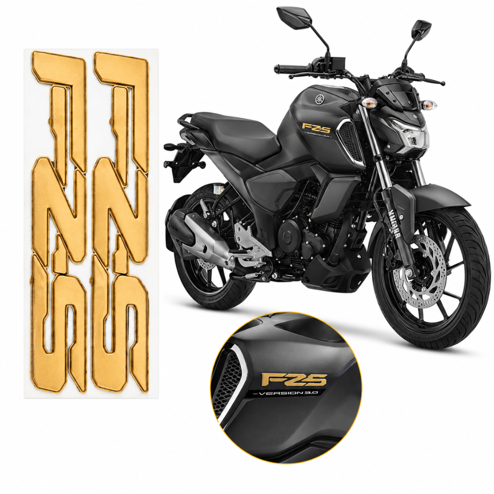 FZS 3D Gold Bike Tank Logo Sticker | Gold Premium Emblem Badge | Waterproof Self Adhesive Motorcycle Decal | Compatible with Yamaha FZS | Pack of 2