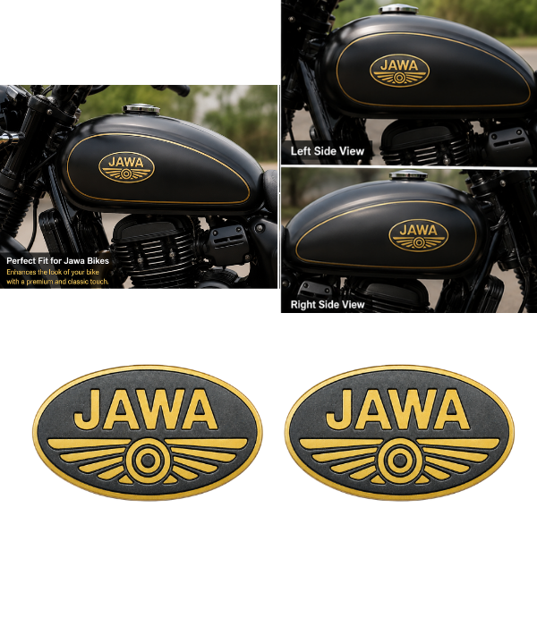 JAWA 3D Tank Emblem Sticker Set of 2 | Premium Black Gold ABS Plastic Bike Fuel Tank Logo | Compatible with Jawa Classic, Jawa 42, Perak & Forty Two