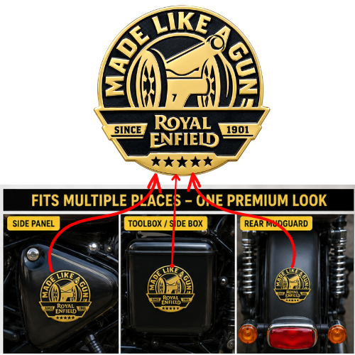 Royal Enfield Made Like A Gun Gold Black Sticker for Side Panel, Toolbox, Battery Box & Rear Mudguard